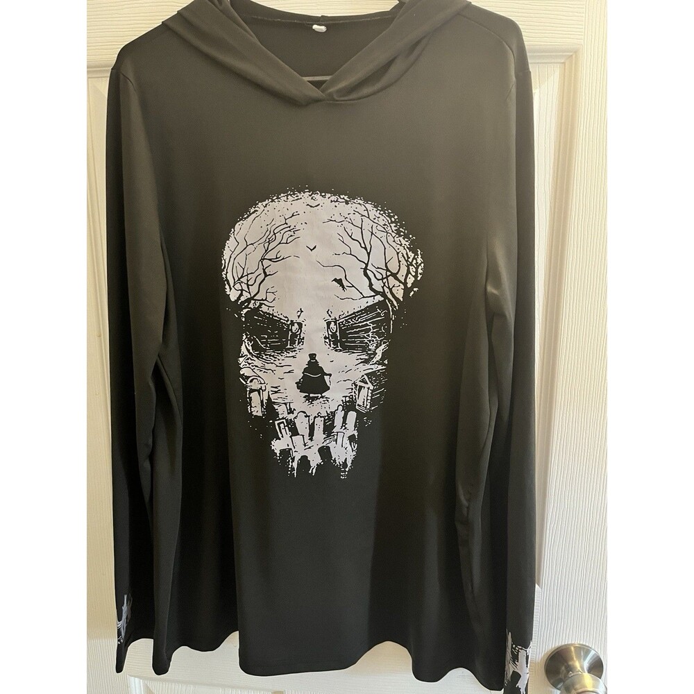 Men's XL Black Skull Graphic Print Hooded Pullover Hoodie 100 % Polyester